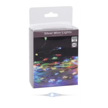   Ezüst drótkábeles fényfüzér 100 LED-es elemes (elem nélkül) multi color