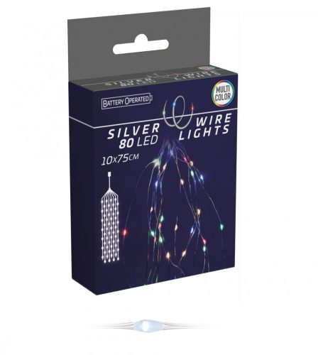 Ezüst drótkábeles korbács 80 LED-es elemes (elem nékül) multi