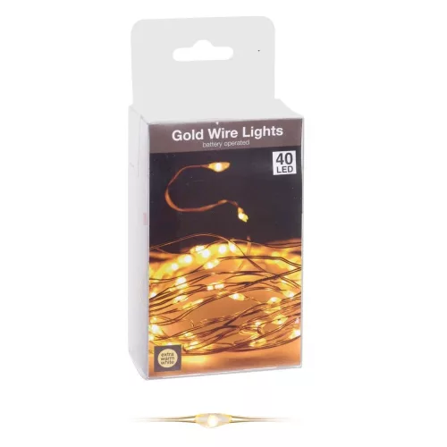 Arany drótkábeles fényfüzér 40 LED-es elemes (elem nélkül) extra meleg 195cm