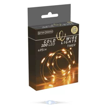   Arany drótkábeles fényfüzér 100 LED-es elemes időzítővel (elem nélkül) extra meleg