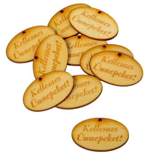 Kellemes Ünnepeket ovál tábla natúr fa 4cm 10db-os