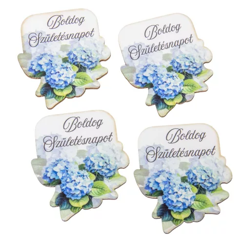 Nyomtatott dekorkarton Boldog születésnapot virágos tábla kék 6cm 4db-os