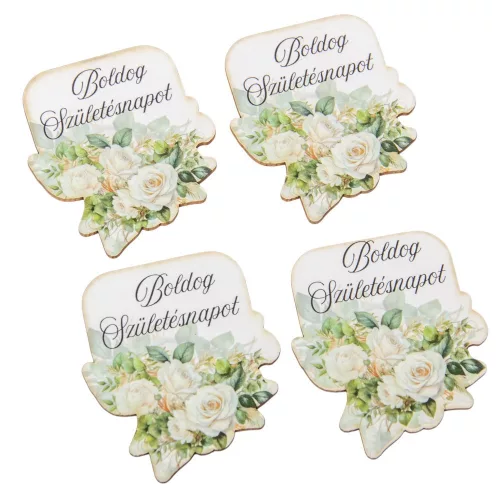 Nyomtatott dekorkarton Boldog születésnapot virágos tábla fehér 6cm  4db-os