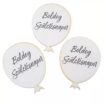   Nyomtatott dekorkarton Boldog születésnapot lufi fehér 10cm 3db-os