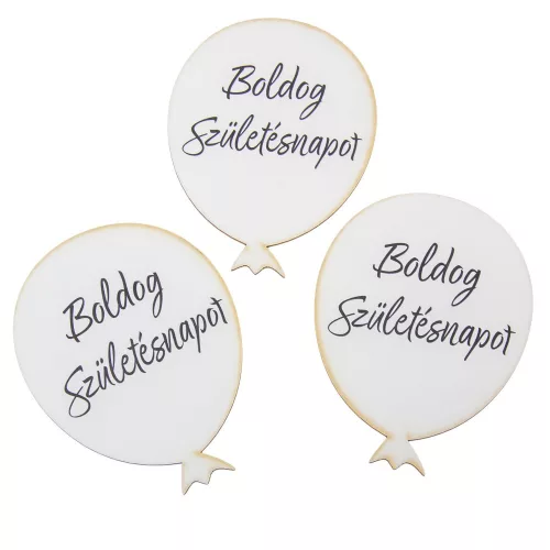 Nyomtatott dekorkarton Boldog születésnapot lufi fehér 10cm 3db-os