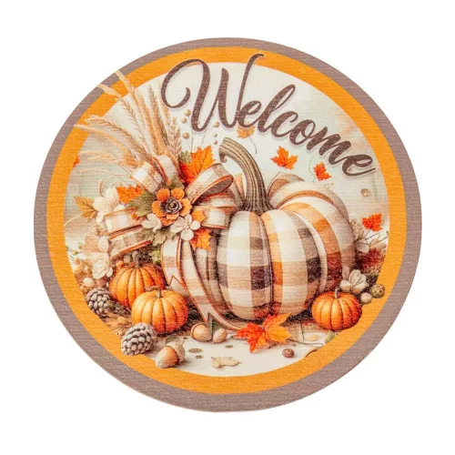 Nyomtatott fa tábla koszorú közép Welcome kockás tökkel 11,8cm