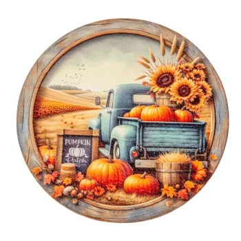   Nyomtatott fa tábla koszorú közép Őszi táj kék teherautóval 11,8cm