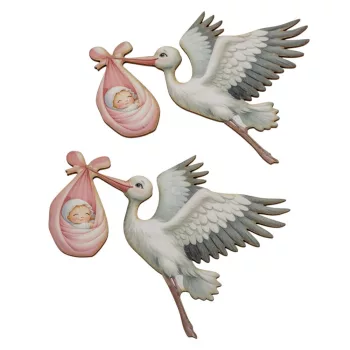   Nyomtatott dekorkarton gólya babával rózsaszín 10cm 2db-os