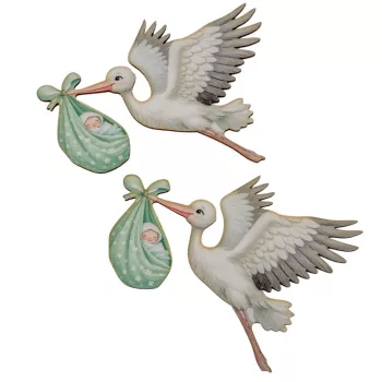 Nyomtatott dekorkarton gólya babával zöld 10cm 2db-os