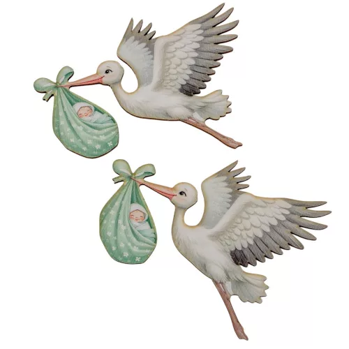 Nyomtatott dekorkarton gólya babával zöld 10cm 2db-os