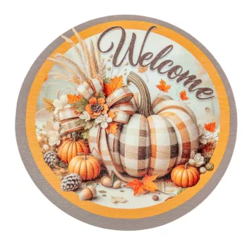   Nyomtatott fa tábla koszorú közép Welcome kockás tökkel 14,8cm