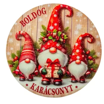 Nyomtatott fa tábla koszorú közép Piros manók 11,8cm