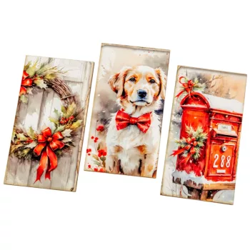   Nyomtatott dekorkarton Karácsonyi piros téma tábla 9,5cm 3db-os