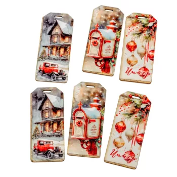   Nyomtatott dekorkarton Karácsonyi piros téma biléta 5,5cm 6db-os