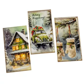   Nyomtatott dekorkarton Karácsonyi zöld téma tábla 9,5cm 3db-os