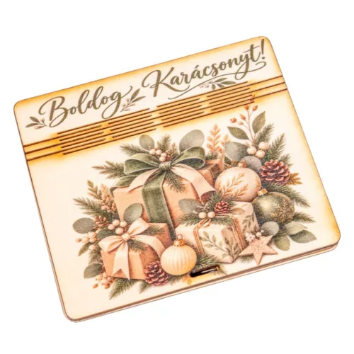 Nyomtatott fa  Karácsonyi ajándékkártya átadó nyitható Zöld ajándékkal 10,5x9cm