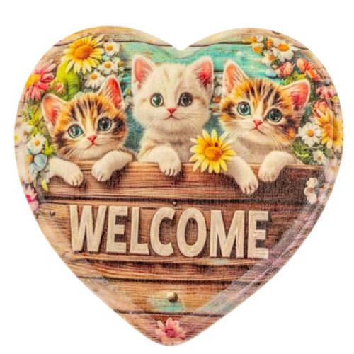 Nyomtatott fa tábla szív peremes cicás 15cm