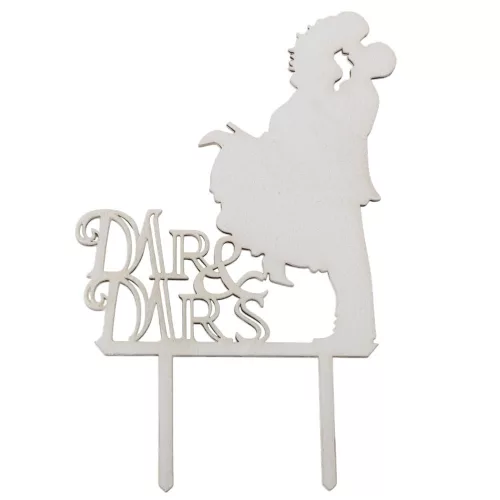 Fa Tortadísz csókos pár "MR & MRS" fehér-fa 18,5cm