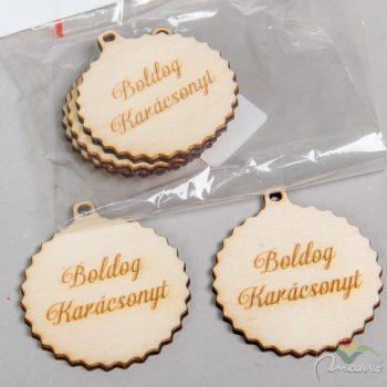 Boldog Karácsonyt fodros gömb natúr fa 5,5cm 5db-os