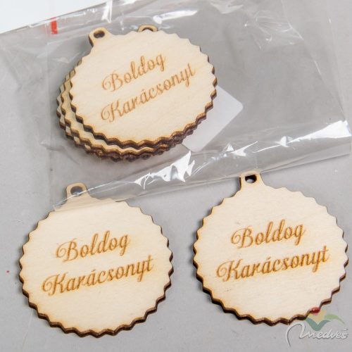 Boldog Karácsonyt fodros gömb natúr fa 5,5cm 5db-os