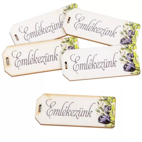 Nyomtatott scrapbook dekorkarton Emlékezünk felirattal 5,5cm 5db-os