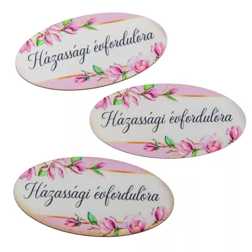 Nyomtatott dekorkarton Házassági évfordulóra ovál tábla 8cm 3db-os