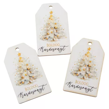   Nyomtatott dekorkarton boldog karácsonyt arany fenyő tábla 7cm 3db-os