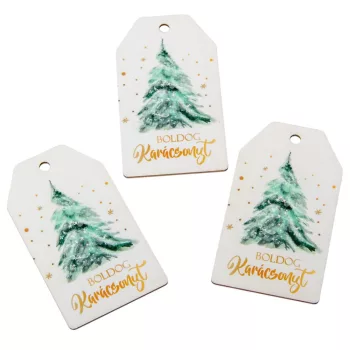   Nyomtatott dekorkarton Boldog karácsonyt zöld fenyős tábla 7cm 3db-os