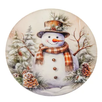   Nyomtatott fa tábla koszorú közép mosolygós hóemberes 11,8cm