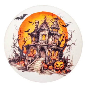   Nyomtatott fa tábla koszorú közép  Halloween kastély 11,8cm