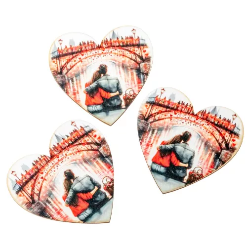 Nyomtatott dekorkarton Szív táblák Szerelmes híd 7cm 3db-os