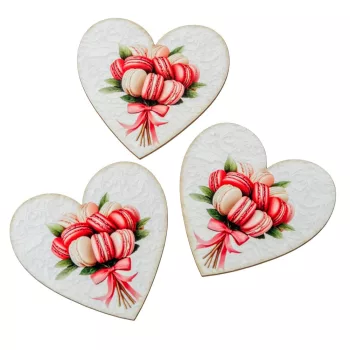   Nyomtatott dekorkarton Szív táblák  Macaron csokor 7cm 3db-os