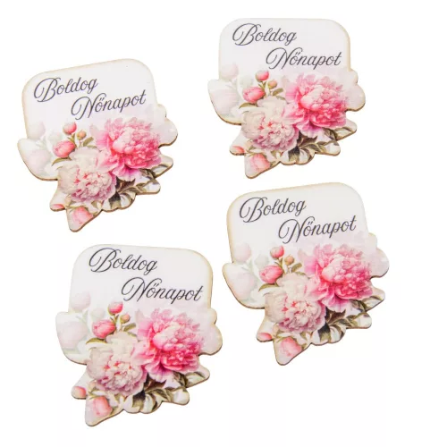 Nyomtatott dekorkarton Boldog nőnapot virágos tábla rózsaszín 6cm 4db-os