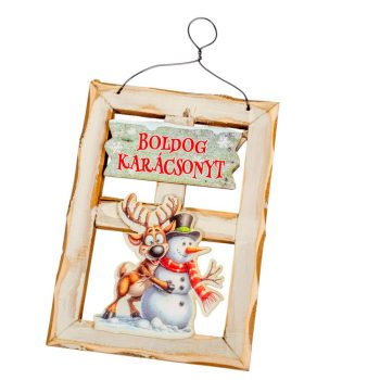   Boldog karácsonyt ablakkeret dísz - Hóember rénszarvassal 15cm