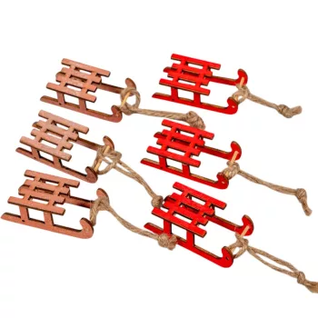 Szánkó akasztós dísz fa barna-piros 6x3cm 6db-os