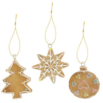   Mézeskalács fenyő, csillag, gömb glitteres akasztós poly 8,5cm