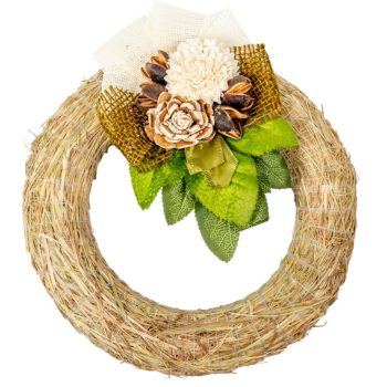 Szalma koszorú hazai szárazvirág díszítéssel 25cm