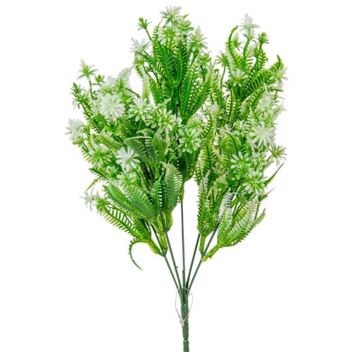 Páfránylevél apró virágos csokor 5ágú zöld-fehér M33cm 60db/#