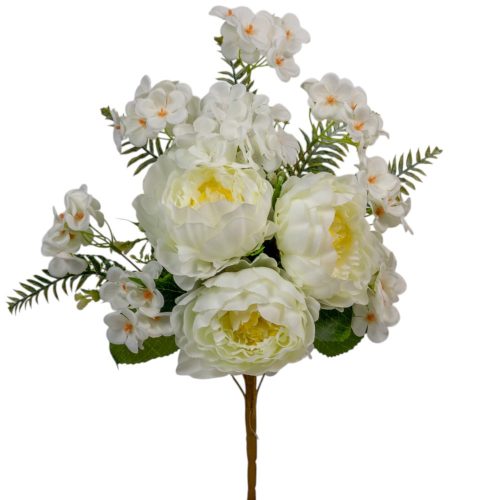 Peoni, hortenzia féloldalas csokor 11v. fehér M50cm 8db/#