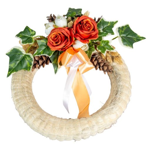Szizálos szalma koszorú selyemvirág és szárazvirág díszítéssel 35cm