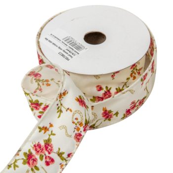 Textil szalag virág mintás krém 3,8cmx10yard