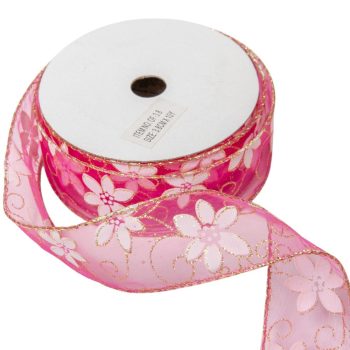   Aranyszélű drótos organza szalag virág mintás sötét rózsaszín 3,8cmx10yard