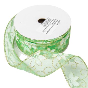   Aranyszélű organza szalag virág mintás zöld 3,8cmx10yard