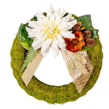   Szizálos széna koszorú selyem és szárazvirággal zöld 20cm