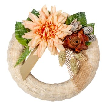   Szizálos széna koszorú selyem és szárazvirággal fehér 20cm