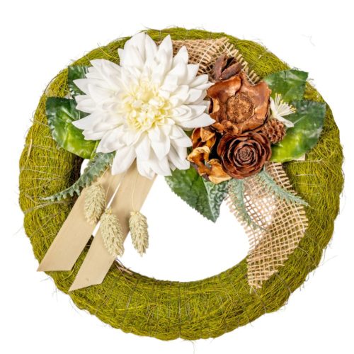 Szizálos széna koszorú selyem ésszárazvirág dízítéssel zöld 25cm
