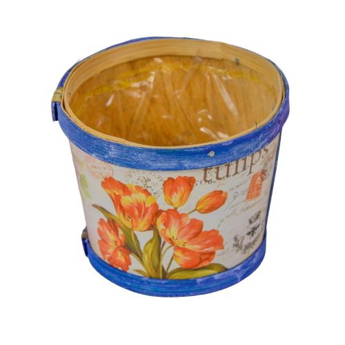 Tulipán mintás fa kaspó bélelt D10x8cm
