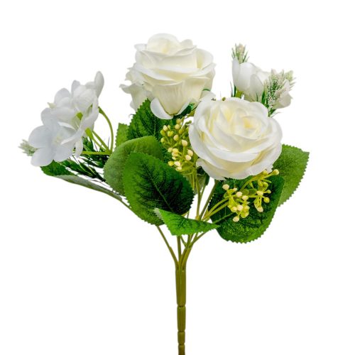 Rózsa, hortenzia csokor 5v. krém M25cm 48db/#