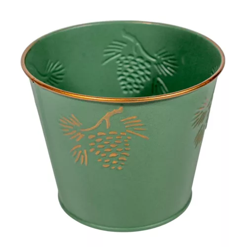 Kaspó fém tobozzal zöld-arany D11,5 M9cm