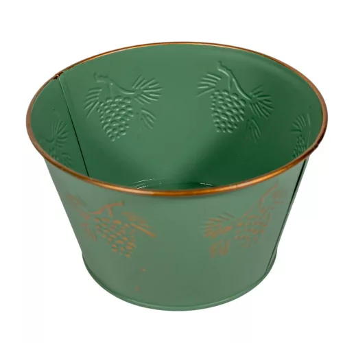 Kaspó fém tobozzal zöld-arany D15cm M9cm